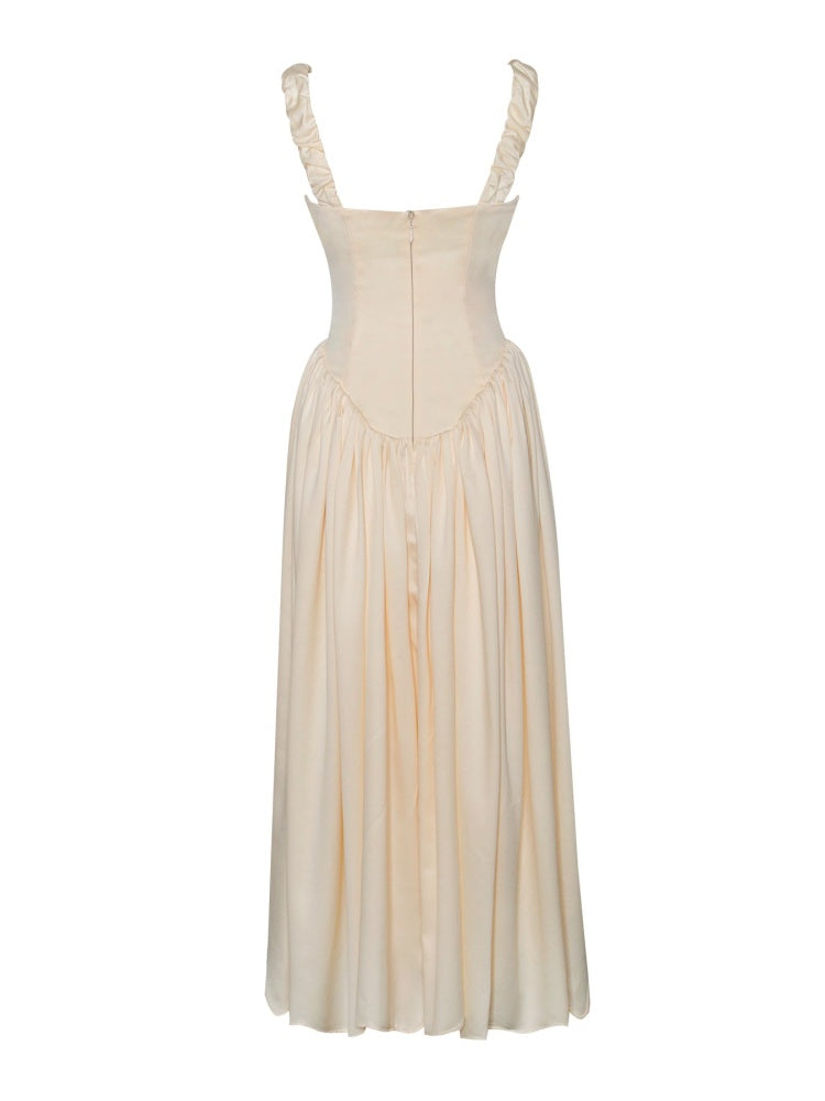 Vestido largo abullonado con tirantes plisados Noreen