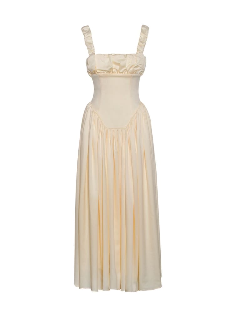 Vestido largo abullonado con tirantes plisados Noreen