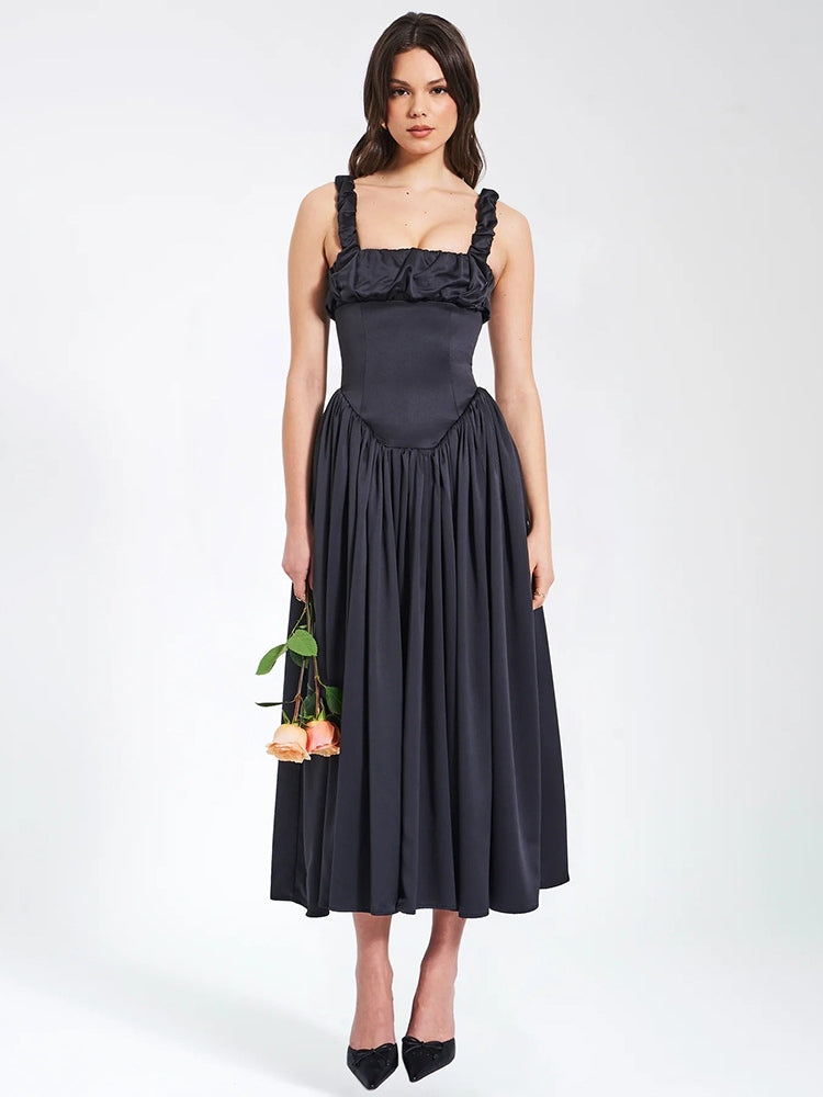 Vestido largo abullonado con tirantes plisados Noreen