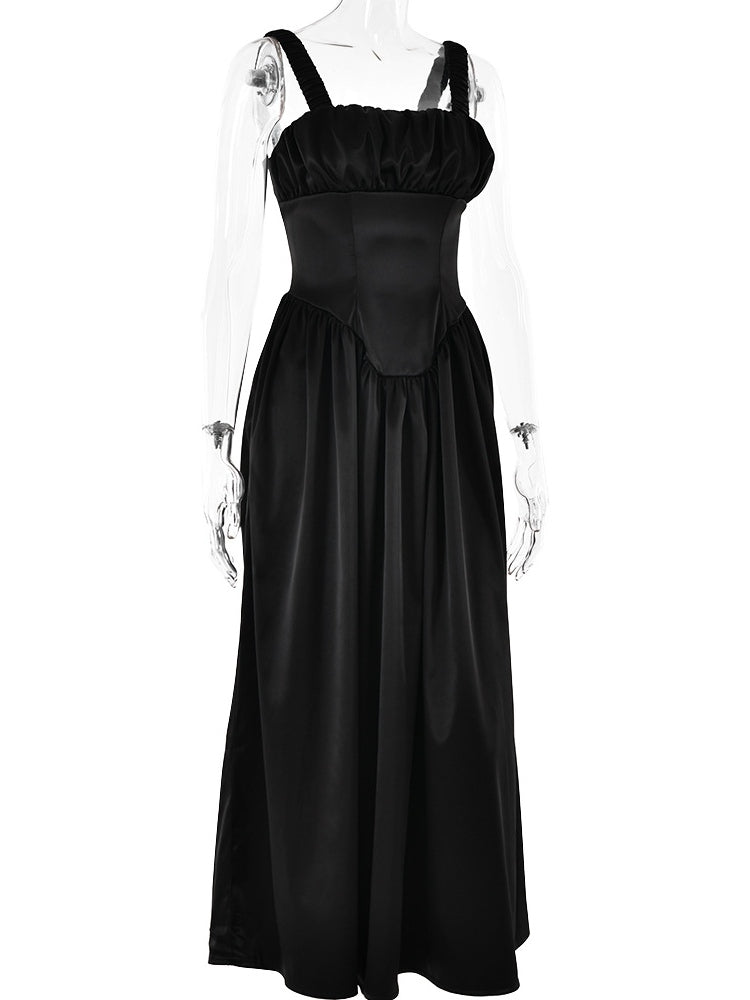 Vestido largo abullonado con tirantes plisados Noreen