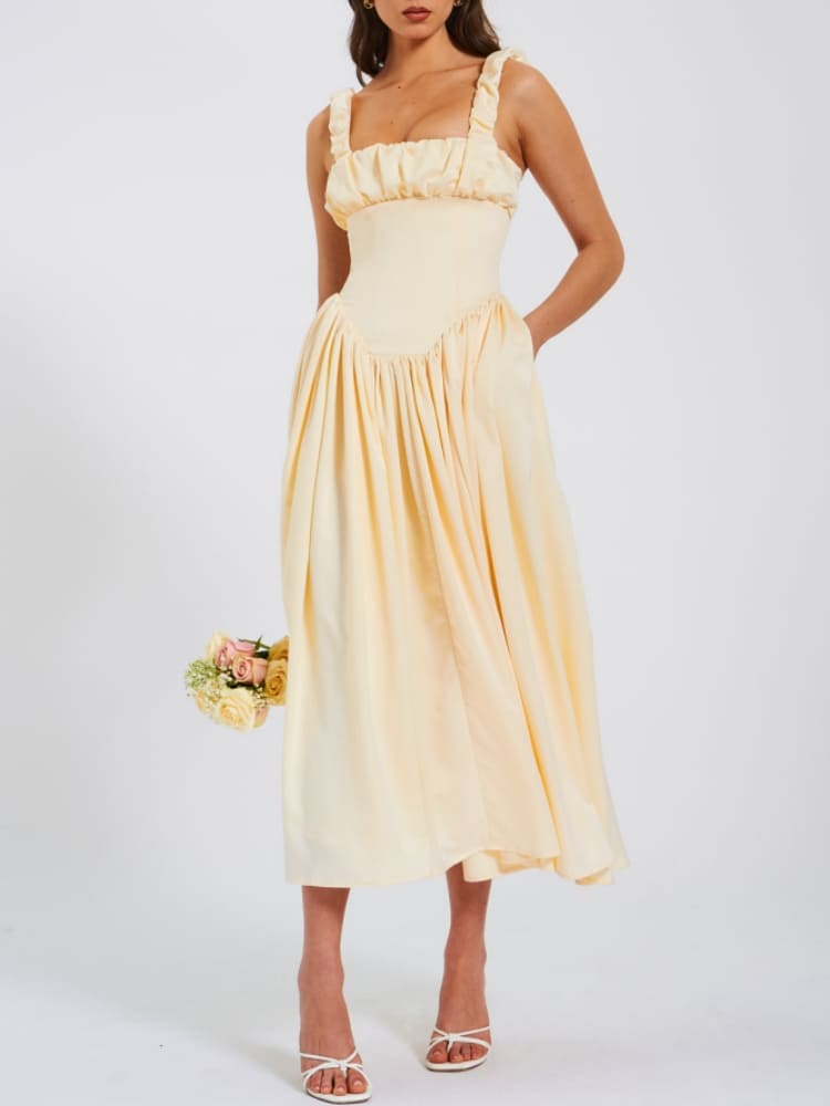 Vestido largo abullonado con tirantes plisados Noreen