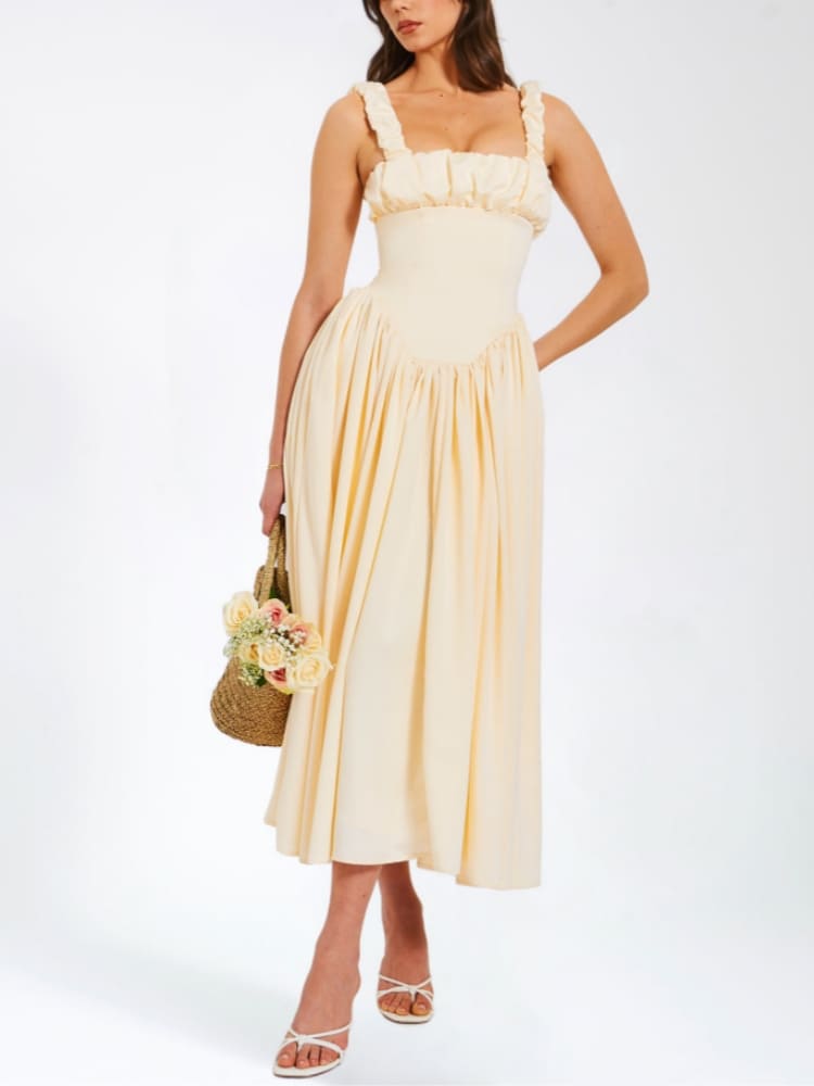 Vestido largo abullonado con tirantes plisados Noreen