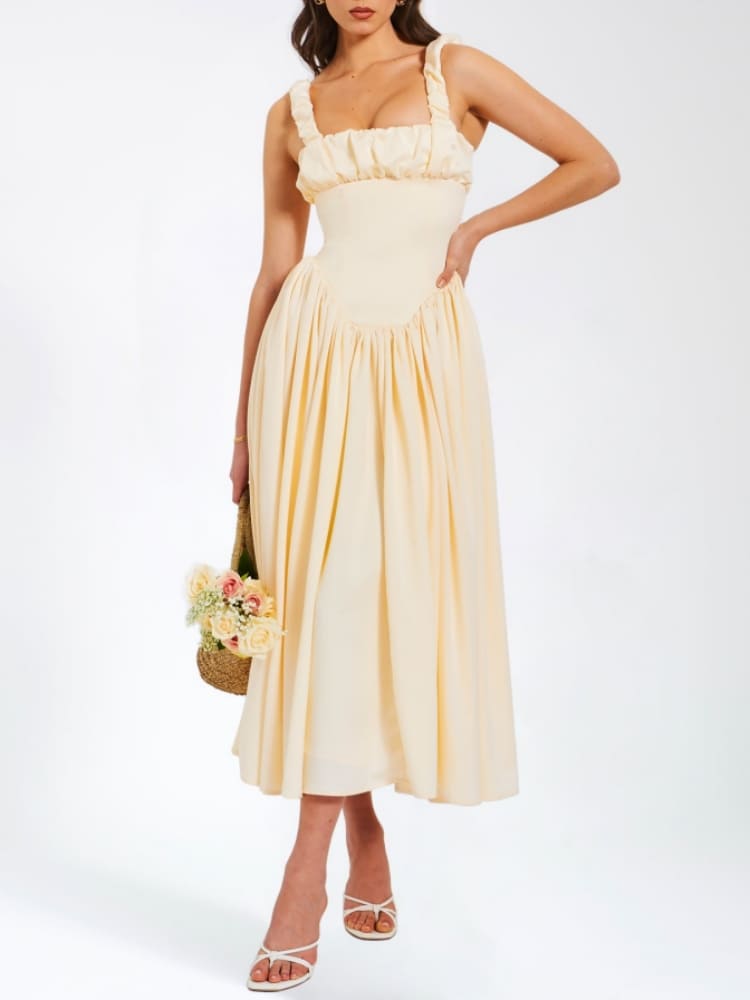 Vestido largo abullonado con tirantes plisados Noreen