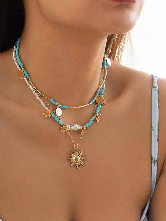 3 piezas collar con cuentas y perla artificial floral y sol