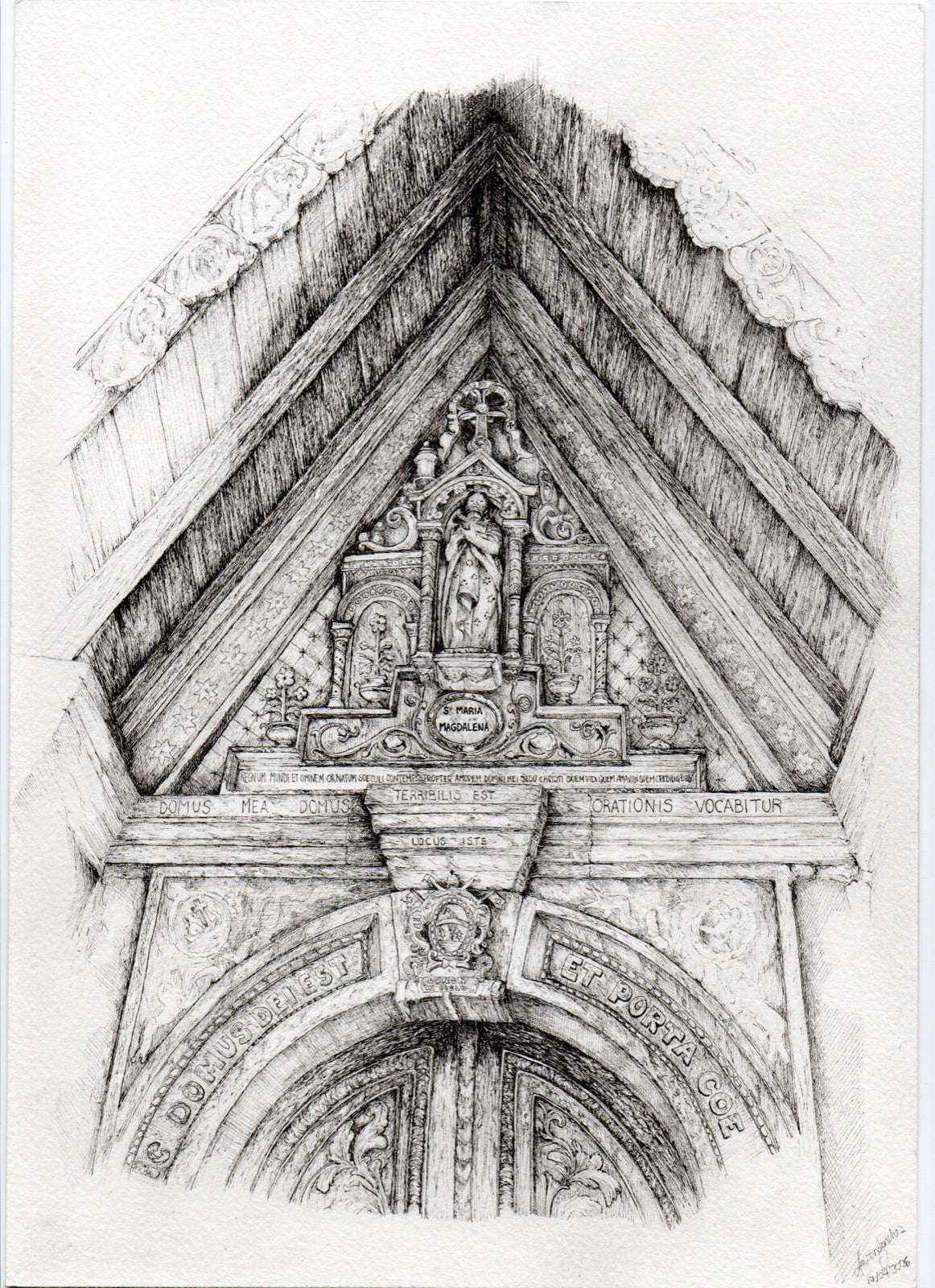 The Magdalene Waits — Rennes-le-Château church, ink drawing by Agus Sánchez